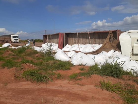 Sorriso: (VÍDEO) Carreta carregada com ureia tomba na BR 163 Polícia Sorriso Mato Grosso
