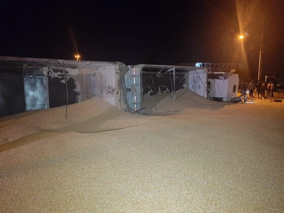 Sorriso: Carreta tomba em rotatória Sorriso Sorriso Mato Grosso